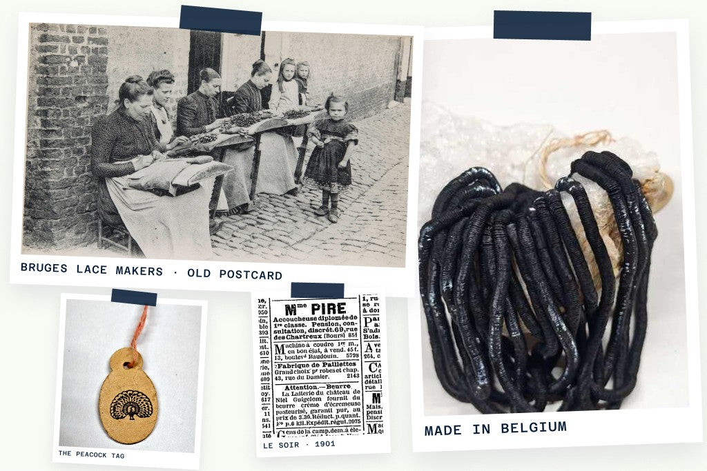 Bruges lace makers postcard, the peacock tag, Le Soir 1901 and a black Belgian sequin hank