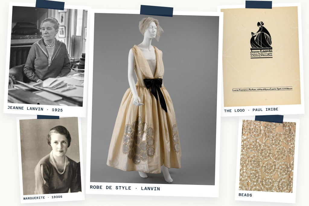 Jeanne Lanvin in 1925, her daughter Marguerite, a Lanvin robe de style, the Iribe logo and beads