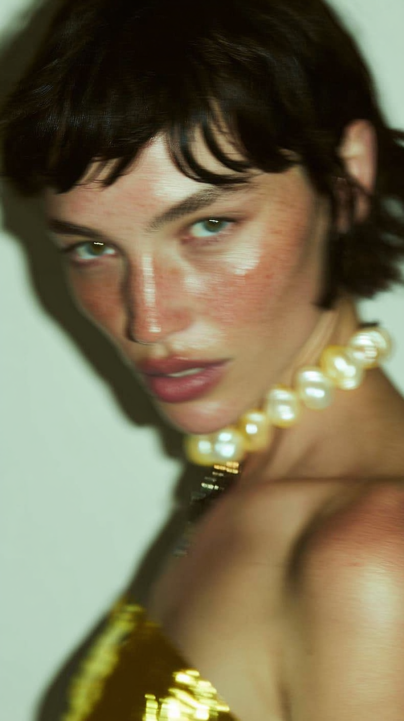Woman wearing a gold top and pearl necklace against a neutral background