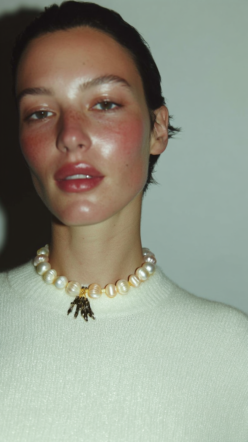 Woman wearing a pearl necklace against a plain background